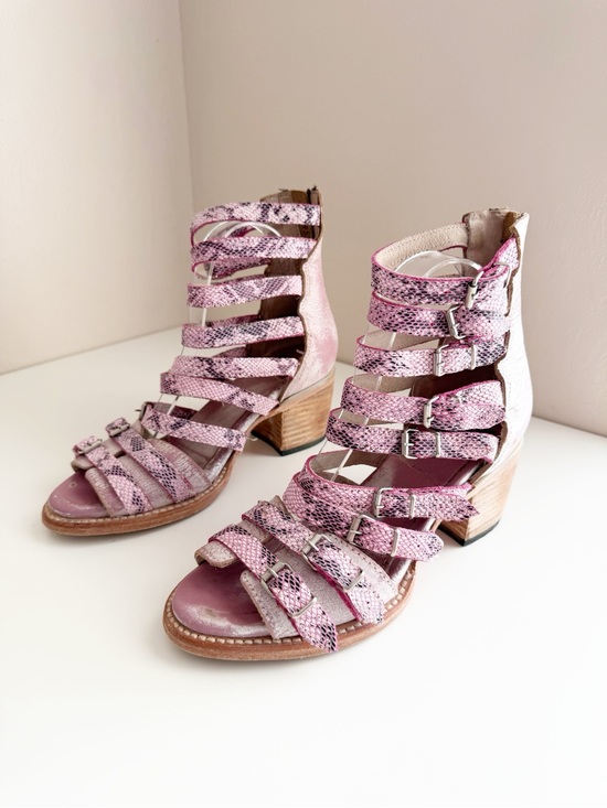 Freebird by Steven Shoes - Freebird by Steven Casandra Pink Snakeskin Leather Gladiator Block Heel Sandal 8